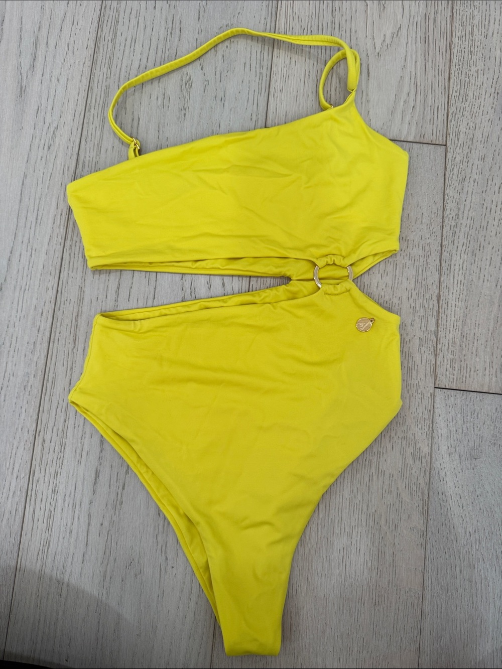 One-Shoulder Yellow Cutout One-Piece Swimsuit with Ring Detail